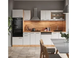 Vicco R-Line Küchenzeile Weiß Hochglanz/Goldkraft Eiche 300 cm mit HochschrankAP Marmor ohne E-Geräte