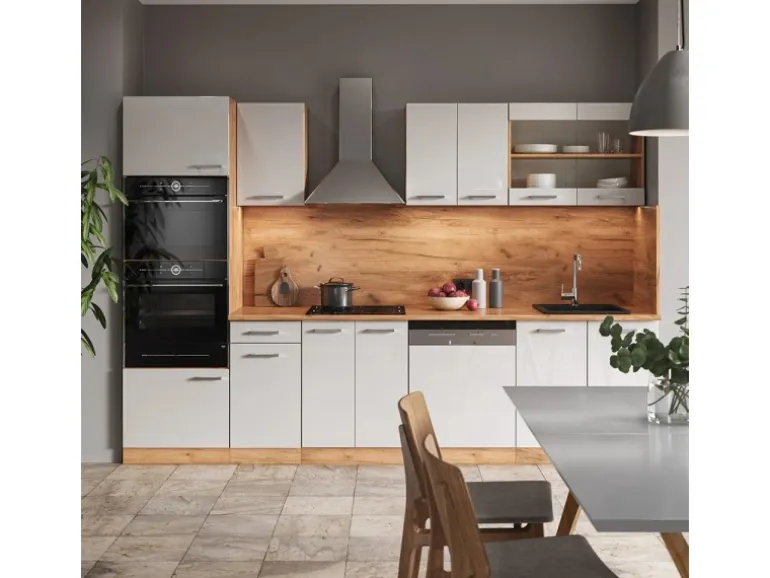 Vicco R-Line Küchenzeile Weiß Hochglanz/Goldkraft Eiche 300 cm mit HochschrankAP Marmor ohne E-Geräte