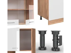 Vicco R-Line Küchenzeile Weiß Hochglanz/Goldkraft Eiche 300 cm mit HochschrankAP Marmor ohne E-Geräte