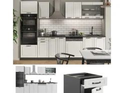 Vicco R-Line Küchenzeile Weiß Landhaus/Anthrazit 300 cm mit HochschrankAP Marmor ohne E-Geräte