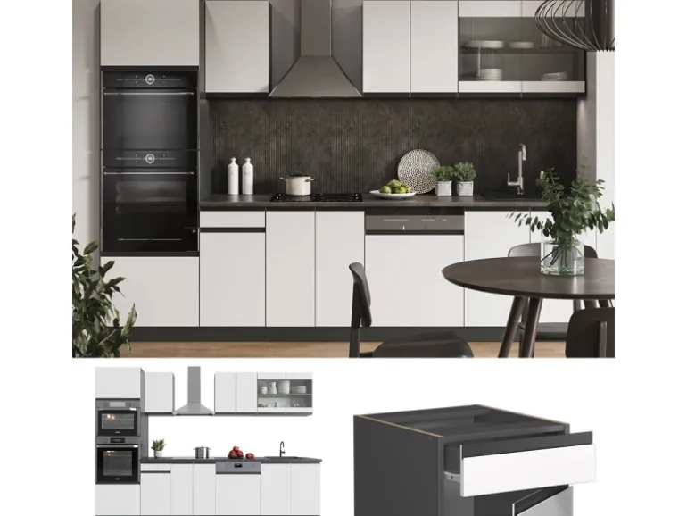 Vicco R-Line Küchenzeile Weiß/Anthrazit 300 cm mit HochschrankAP Eiche ohne E-Geräte