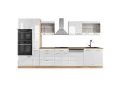 Vicco R-Line Küchenzeile Weiß Hochglanz/Goldkraft Eiche 350 cm mit HochschrankAP Eiche ohne E-Geräte