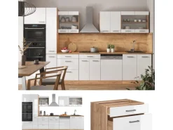 Vicco R-Line Küchenzeile Weiß Hochglanz/Goldkraft Eiche 350 cm mit HochschrankAP Eiche ohne E-Geräte