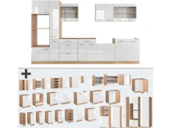 Vicco R-Line Küchenzeile Weiß Hochglanz/Goldkraft Eiche 350 cm mit HochschrankAP Eiche ohne E-Geräte