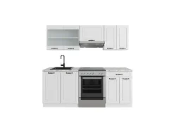 Vicco R-Line Küchenzeile Weiß Landhaus/Weiß 200 cm AP Marmor ohne E-Geräte