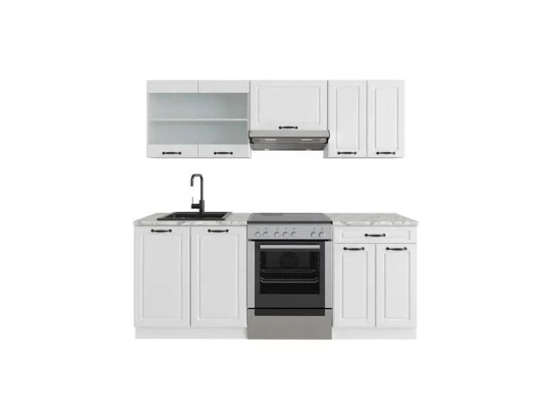 Vicco R-Line Küchenzeile Weiß Landhaus/Weiß 200 cm AP Marmor ohne E-Geräte