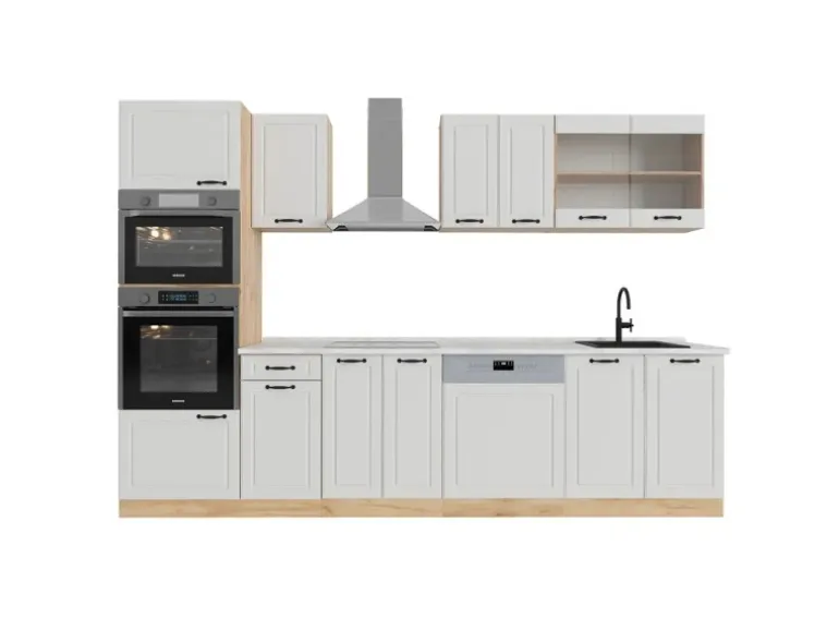 Vicco R-Line Küchenzeile Weiß Landhaus/Goldkraft Eiche 300 cm mit HochschrankAP Marmor ohne E-Geräte