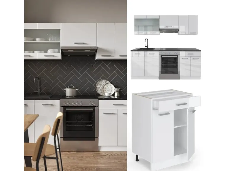 Vicco R-Line Küchenzeile Weiß Hochglanz/Weiß 200 cm ohne Arbeitsplatte ohne E-Geräte