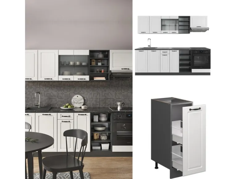 Vicco R-Line Küchenzeile Weiß Landhaus/Anthrazit 240 cm ohne Arbeitsplatte ohne E-Geräte