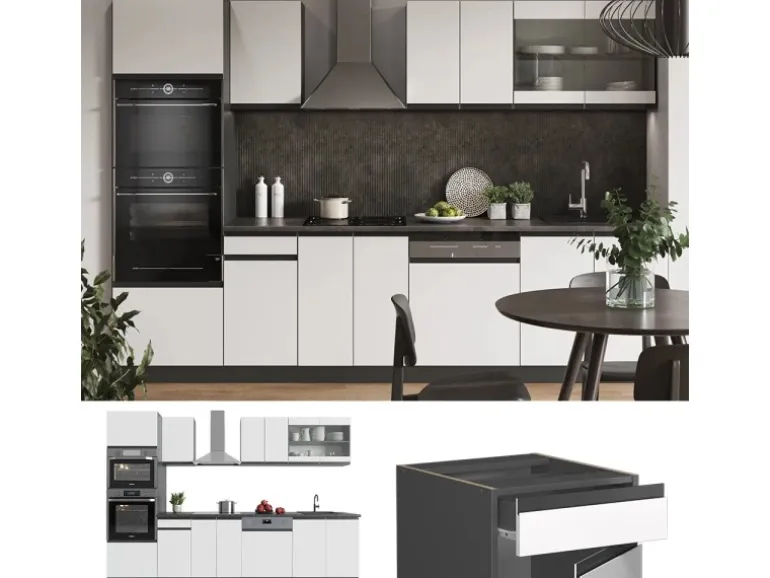 Vicco R-Line Küchenzeile Weiß/Anthrazit 300 cm mit HochschrankAP Marmor ohne E-Geräte