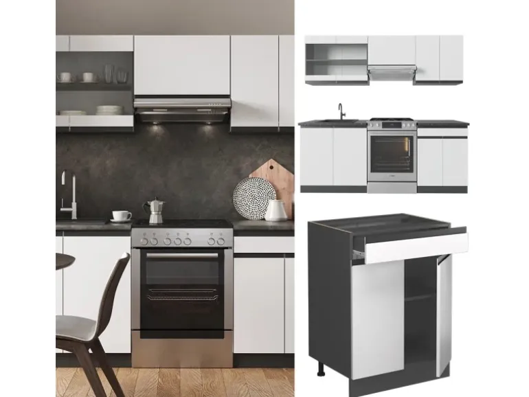 Vicco R-Line Küchenzeile Weiß/Anthrazit 200 cm AP Eiche ohne E-Geräte