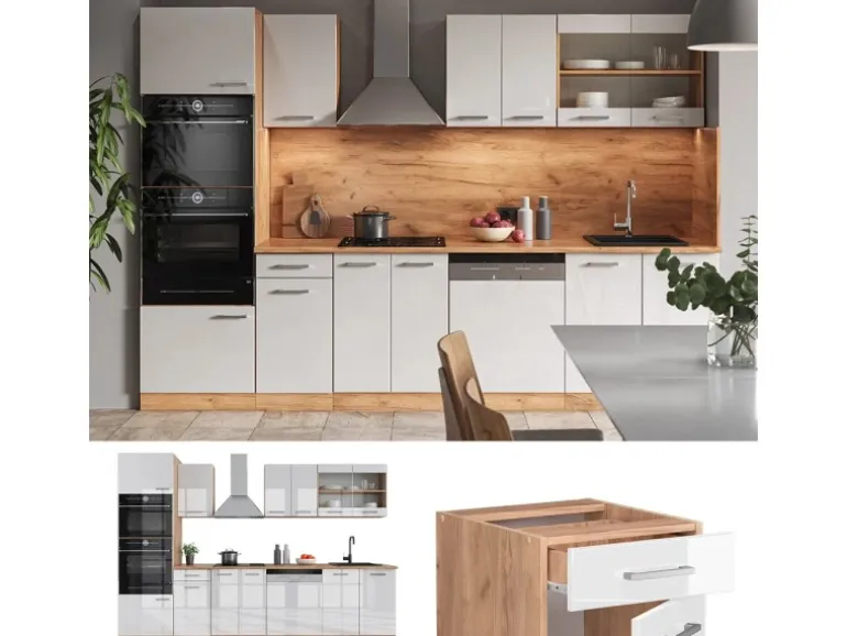 Vicco R-Line Küchenzeile Weiß Hochglanz/Goldkraft Eiche 300 cm mit HochschrankAP Anthrazit ohne E-Geräte