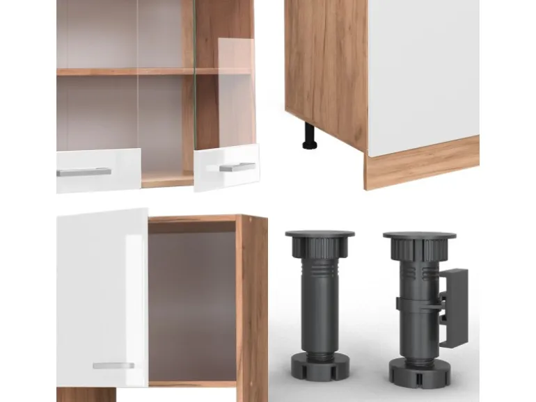 Vicco R-Line Küchenzeile Weiß Hochglanz/Goldkraft Eiche 300 cm mit HochschrankAP Anthrazit ohne E-Geräte