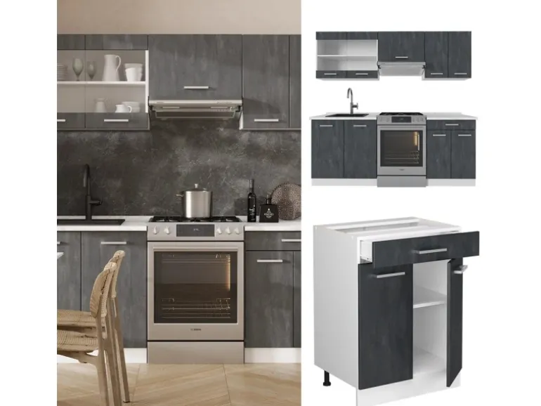 Vicco R-Line Komplettküche Schwarz Beton/Weiß 200 cm ohne Arbeitsplatte ohne E-Geräte