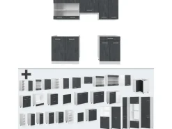 Vicco R-Line Komplettküche Schwarz Beton/Weiß 200 cm ohne Arbeitsplatte ohne E-Geräte