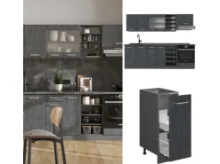 Vicco R-Line Komplettküche Schwarz Beton/Anthrazit 240 cm AP Eiche ohne E-Geräte