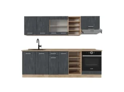 Vicco R-Line Komplettküche Schwarz Beton/Goldkraft Eiche 240 cm ohne Arbeitsplatte ohne E-Geräte