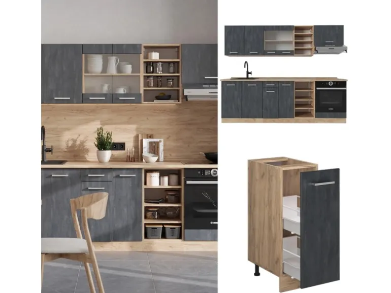 Vicco R-Line Komplettküche Schwarz Beton/Goldkraft Eiche 240 cm ohne Arbeitsplatte ohne E-Geräte