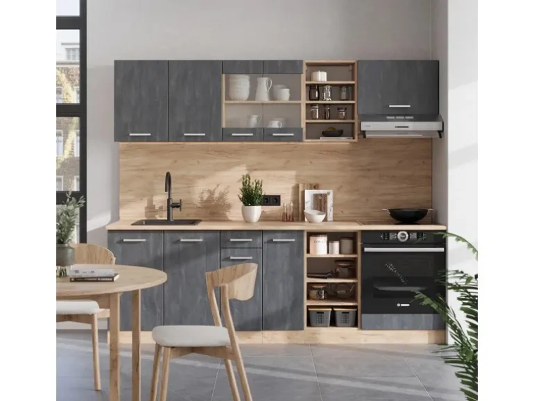 Vicco R-Line Komplettküche Schwarz Beton/Goldkraft Eiche 240 cm ohne Arbeitsplatte ohne E-Geräte