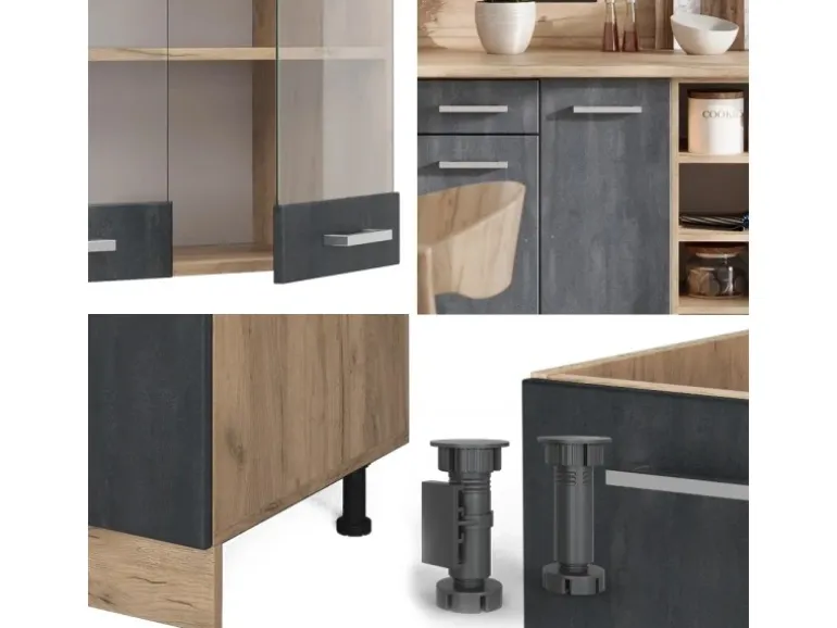 Vicco R-Line Komplettküche Schwarz Beton/Goldkraft Eiche 240 cm ohne Arbeitsplatte ohne E-Geräte