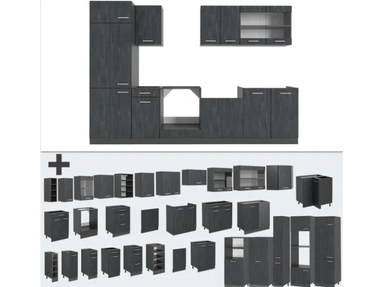 Vicco R-Line KomplettKüche Schwarz Beton/Anthrazit 300 cm AP Anthrazit ohne E-Geräte