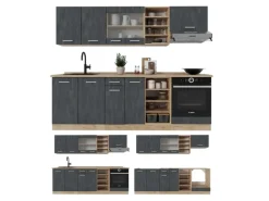 Vicco R-Line Komplettküche Schwarz Beton/Goldkraft Eiche 240 cm AP Anthrazit ohne E-Geräte