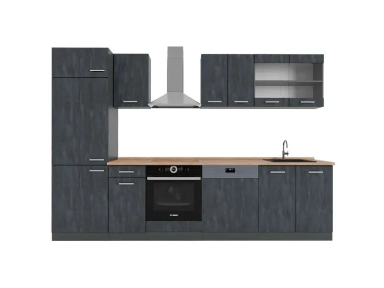 Vicco R-Line Komplettküche Schwarz Beton/Anthrazit 300 cm AP Eiche ohne E-Geräte
