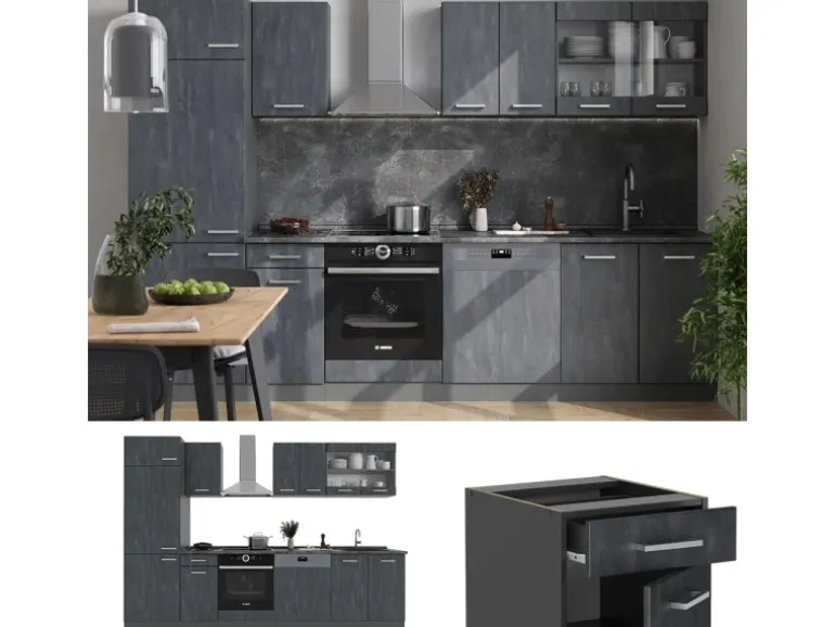 Vicco R-Line Komplettküche Schwarz Beton/Anthrazit 300 cm AP Eiche ohne E-Geräte