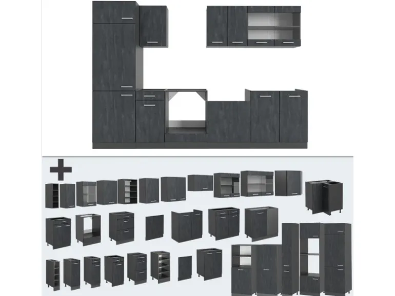 Vicco R-Line Komplettküche Schwarz Beton/Anthrazit 300 cm AP Eiche ohne E-Geräte