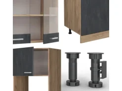 Vicco R-Line Komplettküche Schwarz Beton/Goldkraft Eiche 300 cm AP Eiche ohne E-Geräte