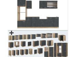 Vicco R-Line Komplettküche Schwarz Beton/Goldkraft Eiche 300 cm AP Eiche ohne E-Geräte