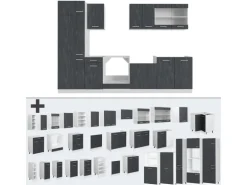 Vicco R-Line KomplettKüche Schwarz Beton/Weiß 300 cm ohne Arbeitsplatte ohne E-Geräte