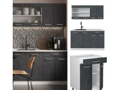 Vicco R-Line Mini Küche Schwarz Beton/Weiß 140 cm AP Marmor ohne E-Geräte