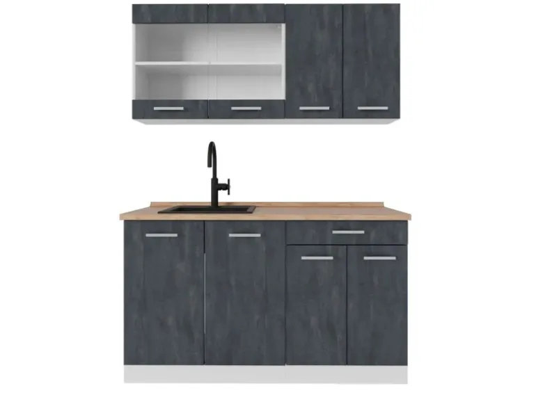 Vicco R-Line Mini Küche Schwarz Beton/Weiß 140 cm AP Eiche ohne E-Geräte