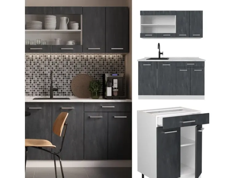 Vicco R-Line Mini Küche Schwarz Beton/Weiß 140 cm AP Eiche ohne E-Geräte