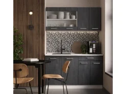 Vicco R-Line Mini Küche Schwarz Beton/Weiß 140 cm AP Eiche ohne E-Geräte