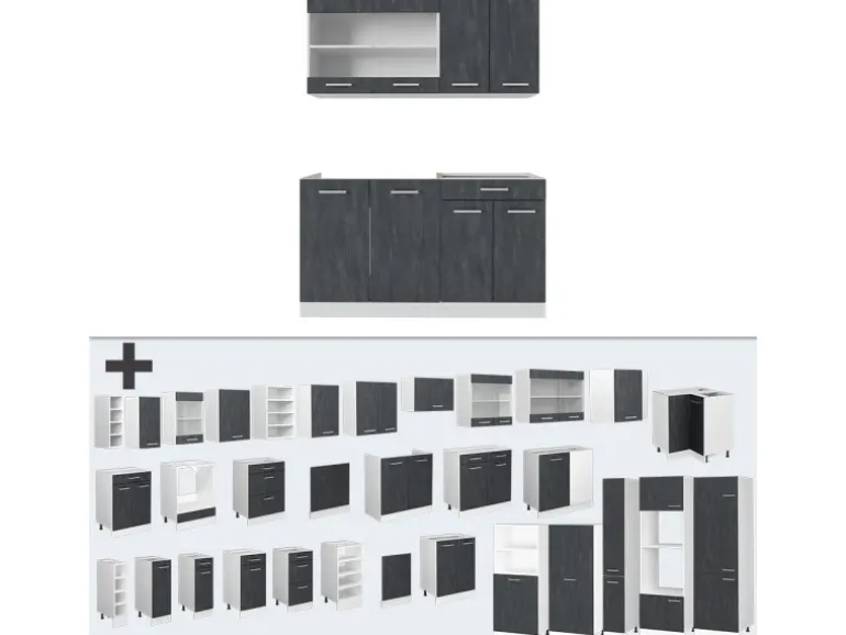 Vicco R-Line Mini Küche Schwarz Beton/Weiß 140 cm AP Eiche ohne E-Geräte