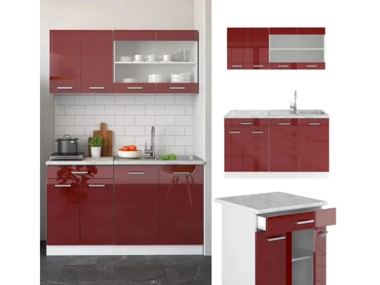 Vicco R-Line Mini-Küche Bordeaux Hochglanz/Weiß 140 cm ohne Arbeitsplatte ohne E-Geräte