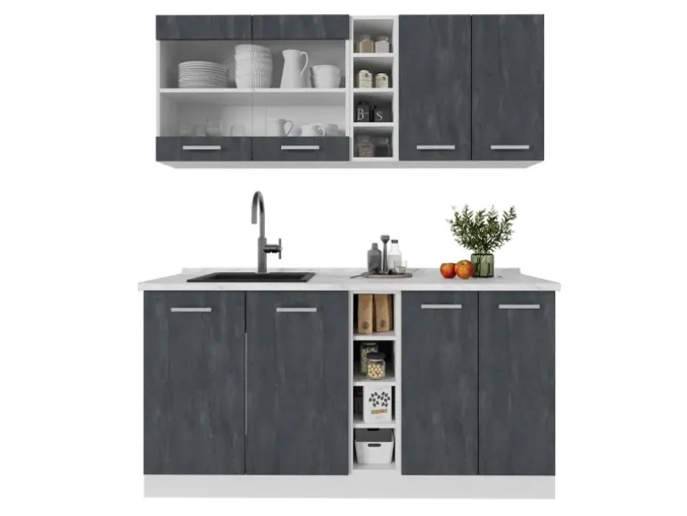 Vicco R-Line Mini-Küche Schwarz Beton/Weiß 160 cm AP Marmor ohne E-Geräte