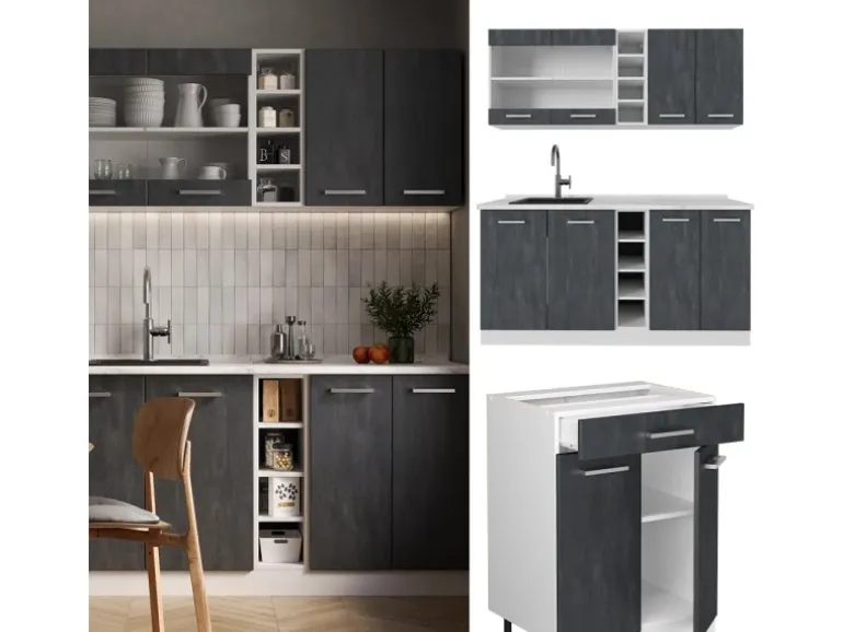 Vicco R-Line Mini-Küche Schwarz Beton/Weiß 160 cm AP Marmor ohne E-Geräte