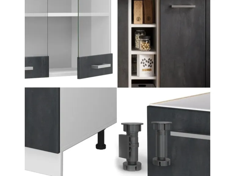 Vicco R-Line Mini-Küche Schwarz Beton/Weiß 160 cm AP Marmor ohne E-Geräte