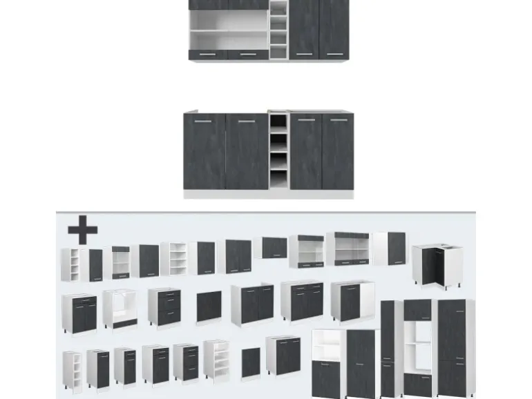 Vicco R-Line Mini-Küche Schwarz Beton/Weiß 160 cm AP Marmor ohne E-Geräte