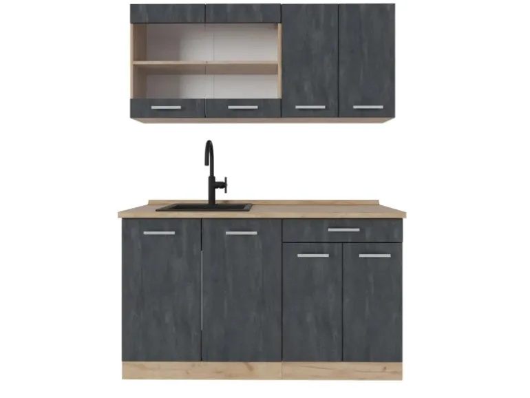 Vicco R-Line Mini-Küche Schwarz Beton/Goldkraft Eiche 140 cm ohne Arbeitsplatte ohne E-Geräte