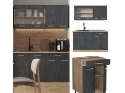 Vicco R-Line Mini-Küche Schwarz Beton/Goldkraft Eiche 140 cm ohne Arbeitsplatte ohne E-Geräte