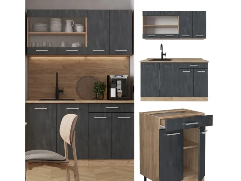 Vicco R-Line Mini-Küche Schwarz Beton/Goldkraft Eiche 140 cm ohne Arbeitsplatte ohne E-Geräte