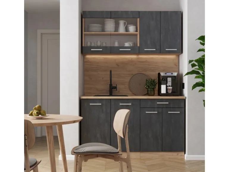 Vicco R-Line Mini-Küche Schwarz Beton/Goldkraft Eiche 140 cm ohne Arbeitsplatte ohne E-Geräte