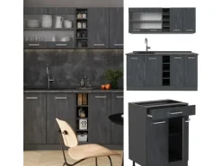 Vicco R-Line Mini-Küche Schwarz Beton/Anthrazit 160 cm AP Marmor ohne E-Geräte