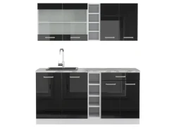Vicco R-Line Mini-Küche Schwarz Hochglanz 160 cm AP Marmor ohne E-Geräte