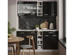 Vicco R-Line Mini-Küche Schwarz Hochglanz 160 cm AP Marmor ohne E-Geräte