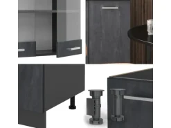 Vicco R-Line Mini-Küche Schwarz Beton/Anthrazit 140 cm AP Eiche ohne E-Geräte